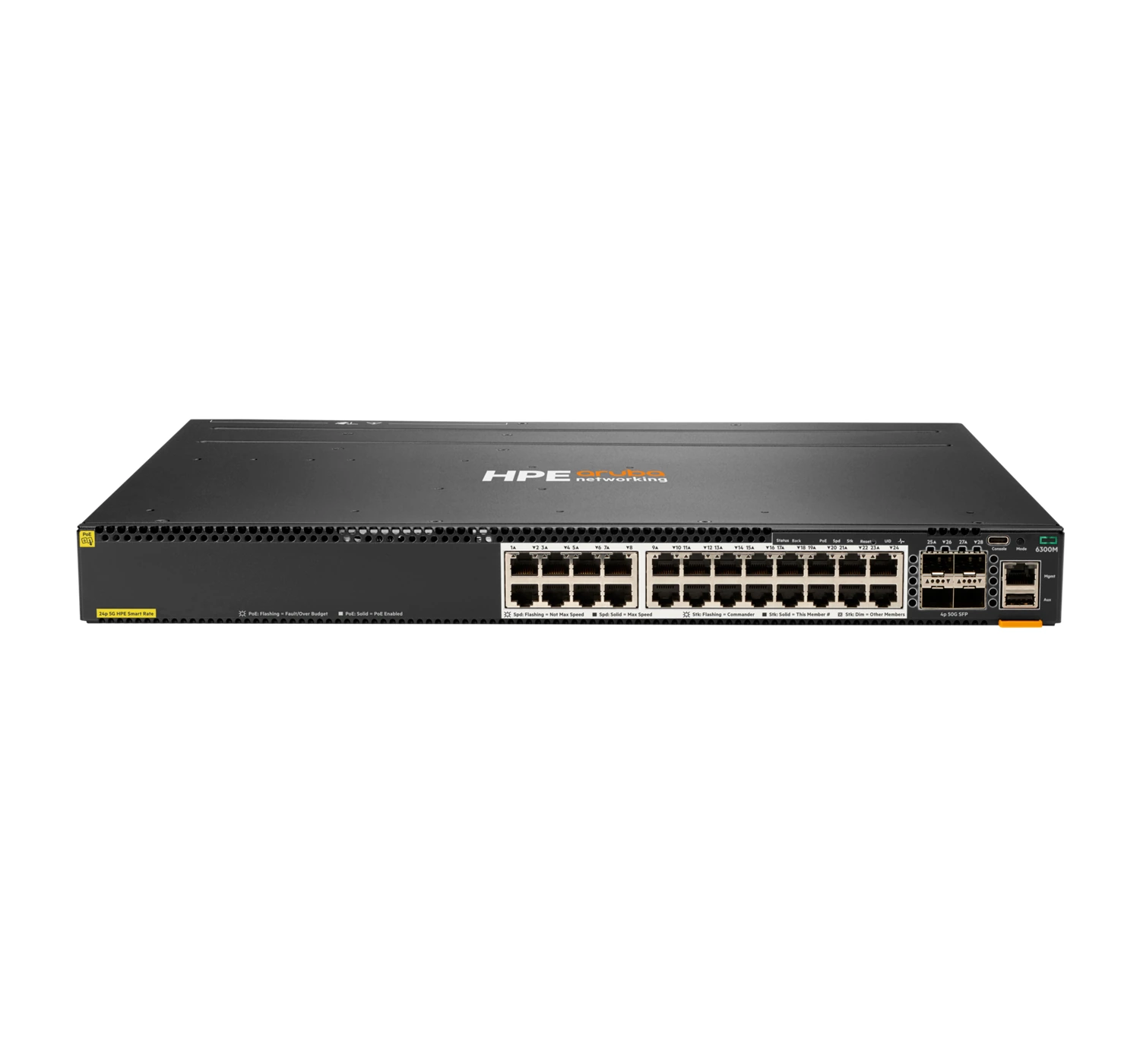 Aruba JL660A CX 6300M 24-port HPE Smart Rate 1/2.5/5GbE Class 6 PoE and 4-port SFP56 Switch